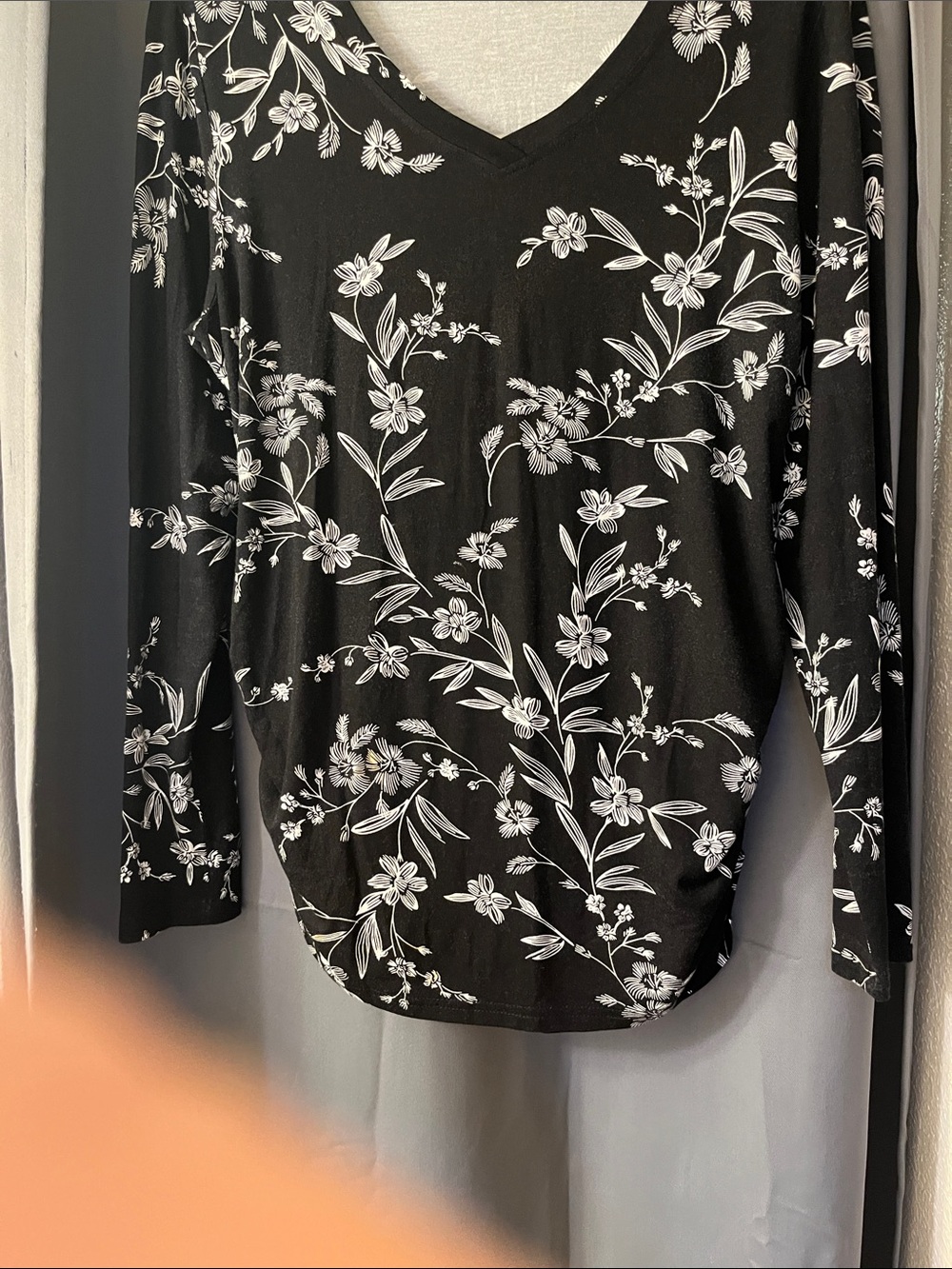 Dollcake Black Long Sleeve V-Neck Top with White Floral Print